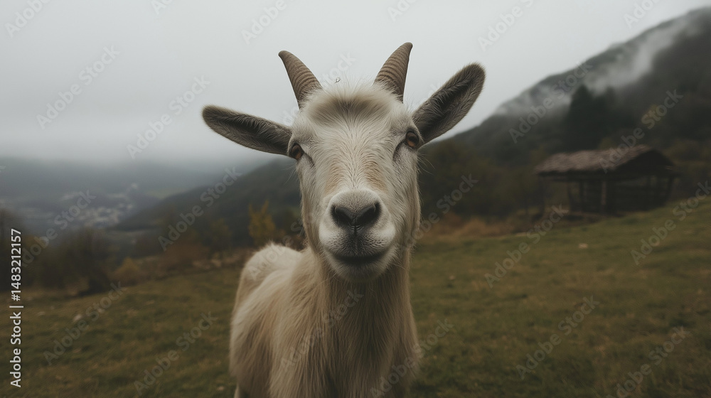 Fototapeta premium Goat with mountain background. Wildlife nature in high landscapes
