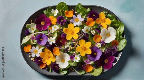 vibrant and artistic top-view composition of a salad featuring edible flowers, crunchy elements, and seeds, styled with shadows as a key compositional element.