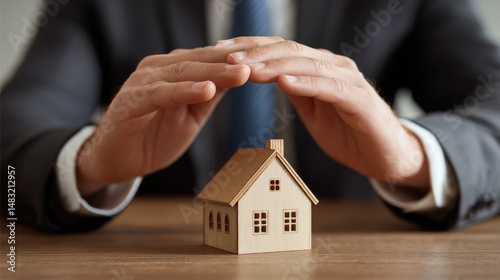 Hands protecting a small house model