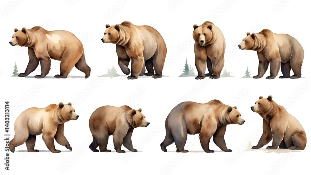 Obraz premium Illustration of a brown bear. Happy little bear. Children's watercolor illustration set for packaging design. Isolated clipart with clear even edge on transparent background