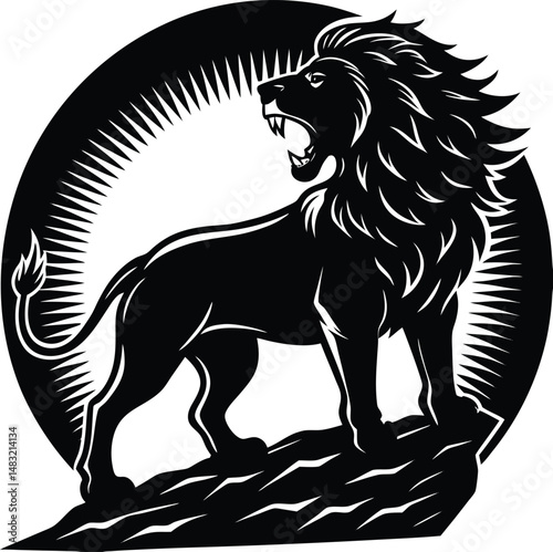Silhouette Of A Roaring Lion Standing On A Rock