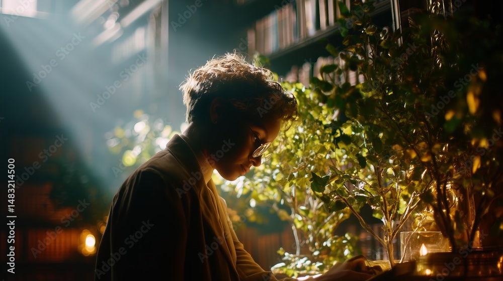 Young man reading in a cozy library filled with plants and warm light during late afternoon hours