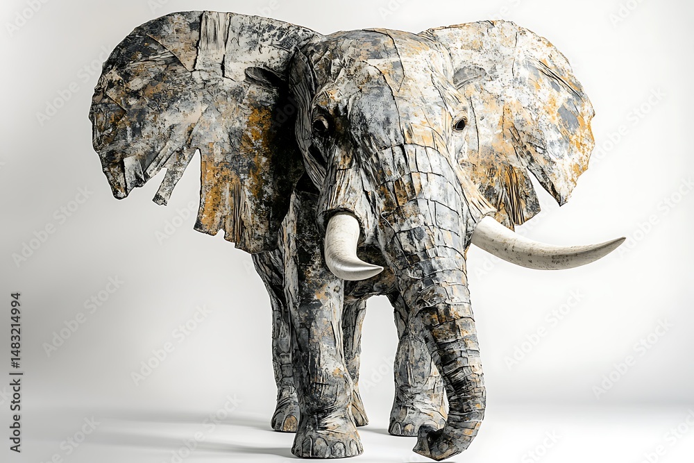 Obraz premium A textured elephant sculpture with large tusks standing on a white surface in a studio setting
