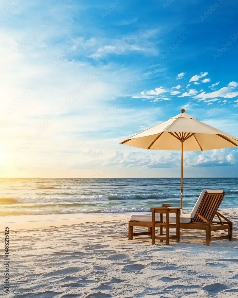 A serene beach scene featuring a sun lounger and umbrella, perfect for relaxation and tranquility by the sea. A serene beach scene featuring a sun lounger and umbrella, perfect for relaxation and tranquility by the sea.