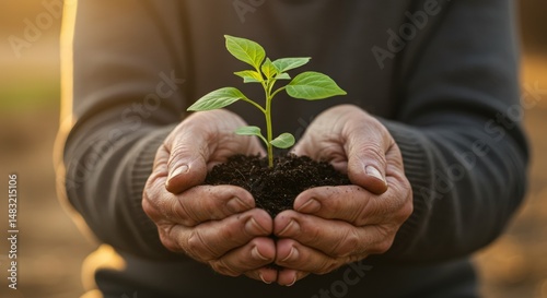 Hands gently cradling a young green plant in rich soil during a golden sunset in nature