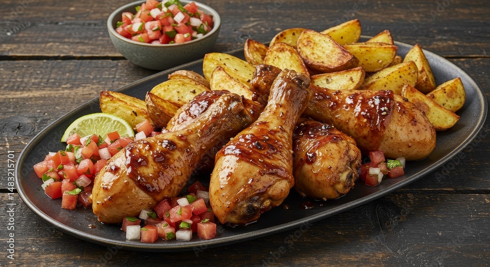Glazed Chicken Drumsticks with Roasted Potatoes and Salsa - Delicious glazed chicken drumsticks served with crispy roasted potato wedges and fresh salsa. Perfect for a family meal Glazed Chicken Drumsticks with Roasted Potatoes and Salsa - Delicious glazed chicken drumsticks served with crispy roasted potato wedges and fresh salsa. Perfect for a family meal