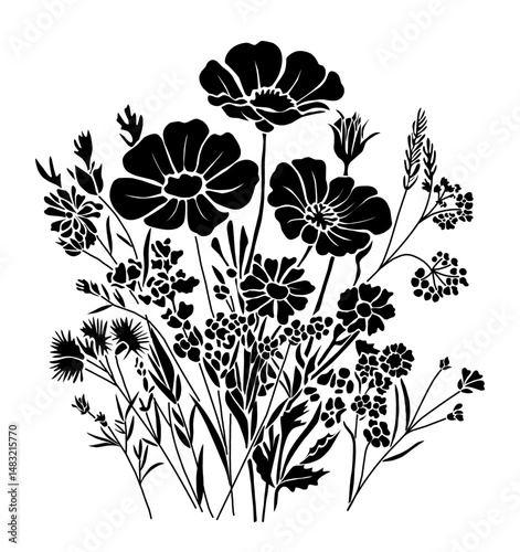 Wildflower bouquet black silhouette vector illustration. Floral composition of meadow flowers and herbs. Perfect for decals, prints, crafts, and botanical designs