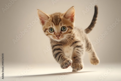 Wallpaper Mural A tabby kitten midair with paws extended and tail up against a neutral background in studio lighting Torontodigital.ca