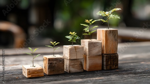 Plant growing out of wood blocks symbolizing growth concept in a creative business environment showcasing innovation photo