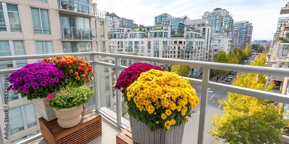 Fototapeta premium modern condo balcony with colorful potted flowers overlooking city