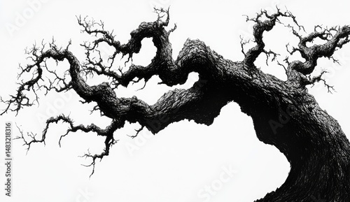 Intricate, gnarled tree branches against a plain white background.  Detailed, dark silhouette of a mature, weathered tree