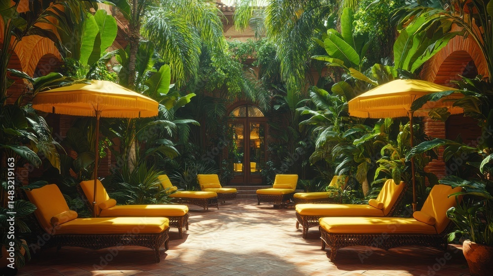 Naklejka premium Luxurious tropical courtyard with yellow accents
