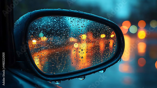 Zoomed-in droplet on a car side mirror with rain intensifying into a flood around the vehicle 