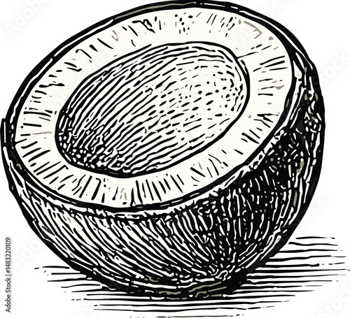 Black-and-white detailed line drawing of a halved coconut showing textured shell and inner flesh, ideal for tropical, botanical, culinary, and natural product themes