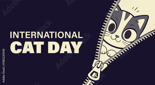 International Cat Day. Vector illustration with cute cat in zipper on dark background.