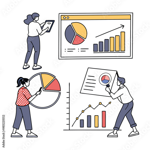 All images emphasize the use of charts, graphs, and other visual tools to interpret and present data.