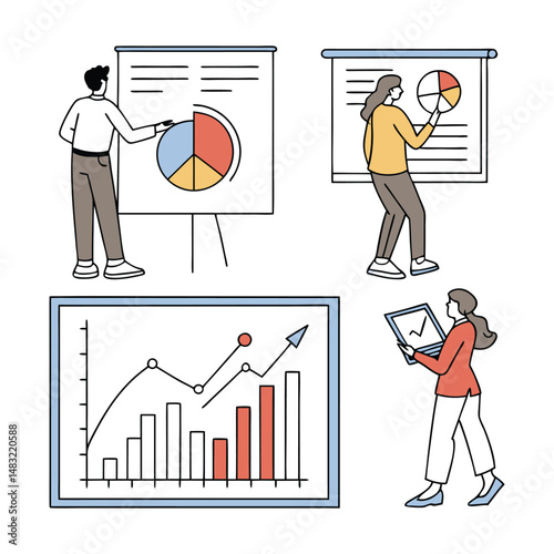 All images emphasize the use of charts, graphs, and other visual tools to interpret and present data.
