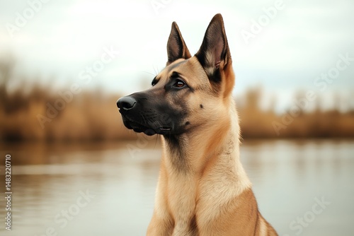 Close up of a belgian malinois dog with pointed ears looking to the left in an outdoor setting