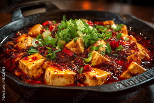 Black skillet containing spicy dish with tofu, red peppers, and chopped green onions, placed on wooden table.
