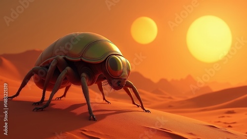 Vibrant beetle on desert landscape under dual suns digital illustration
