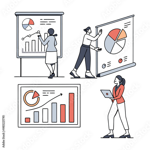All images emphasize the use of charts, graphs, and other visual tools to interpret and present data.