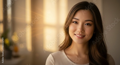 Beautiful Smiling Asian Woman Portrait Soft Light Indoor Setting