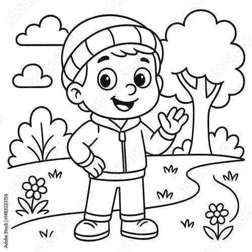 Cute Cartoon Boy in Nature - Coloring Page for Kids