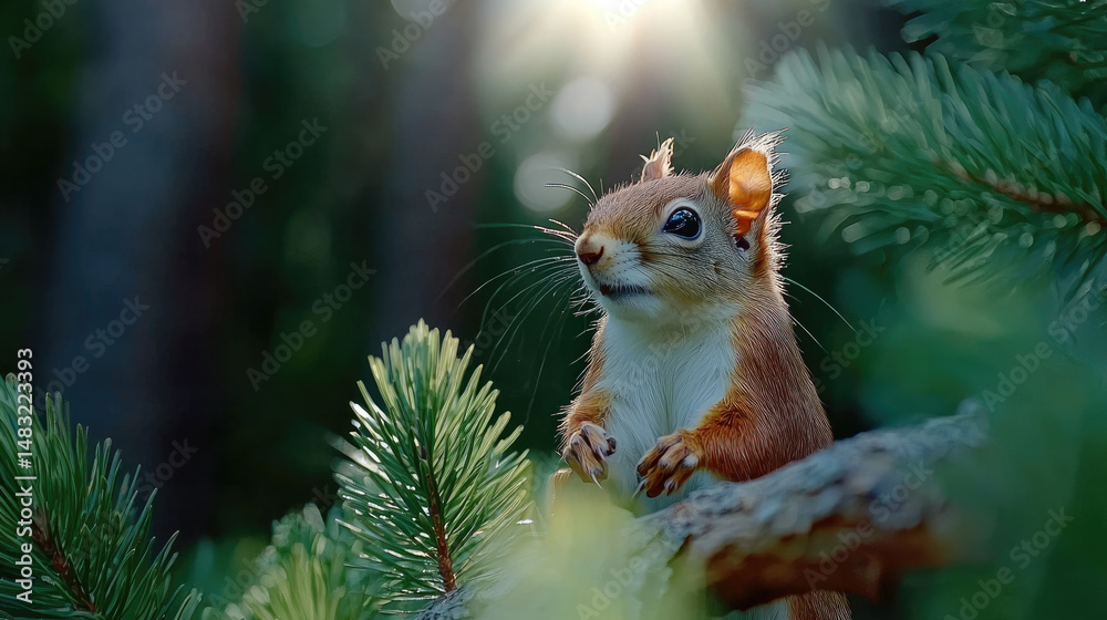Fototapeta premium Red squirrel on pine tree branch in forest, sunlight shining, alert and curious expression, natural wildlife scene