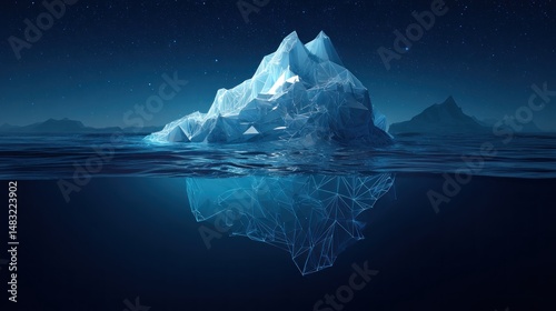 Iceberg hidden beneath the surface of the ocean at night