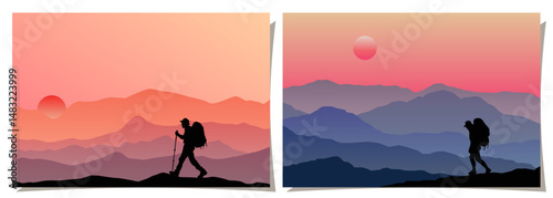 Set of travel concept of discovering, exploring and observing nature. Hiking trip with landscape background. Travelers with backpack and walking sticks. Trekking adventure holidays posters.