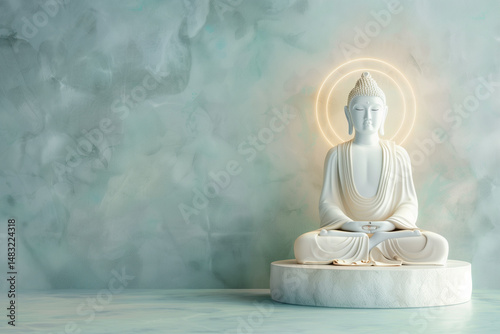 White Buddha statue with peaceful expression seated in meditation against soft aqua background with copy space