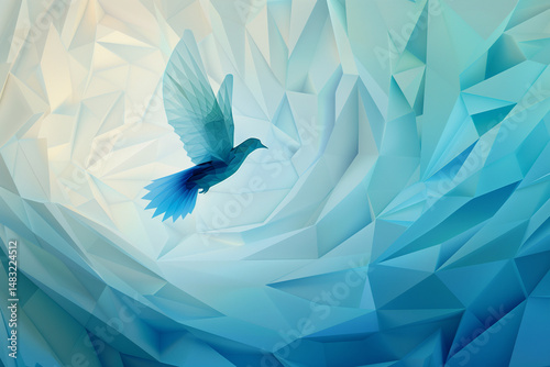 Geometric bird with inspirational mood soaring through abstract polygonal blue sky background