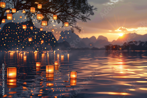 Glowing lanterns with dreamy mood floating on river and hanging from tree at sunset against mountain backdrop