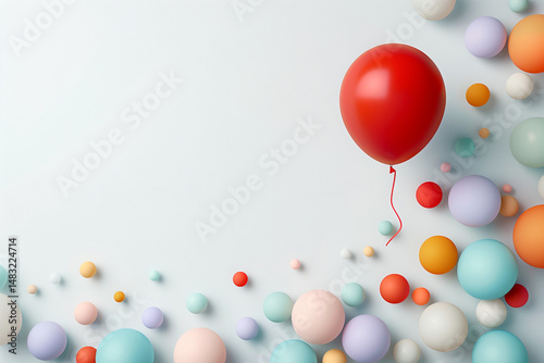 Single red balloon with playful mood floating among pastel spheres on minimal white background with copy space