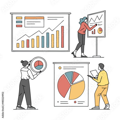 All images emphasize the use of charts, graphs, and other visual tools to interpret and present data.