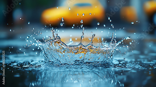 Single water droplet splashing on a windowpane, evolving into exterior urban flooding 