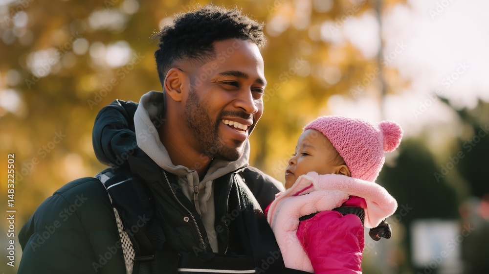 Father smiling while holding his baby in a park during autumn with colorful leaves in the background