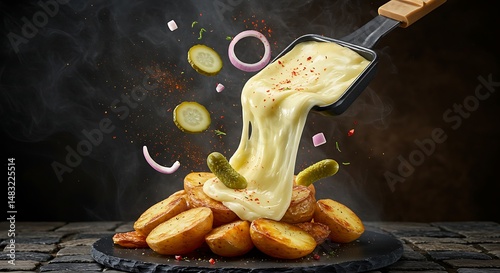 Decadent raclette preparation showcasing potatoes, pickles, and melted cheese