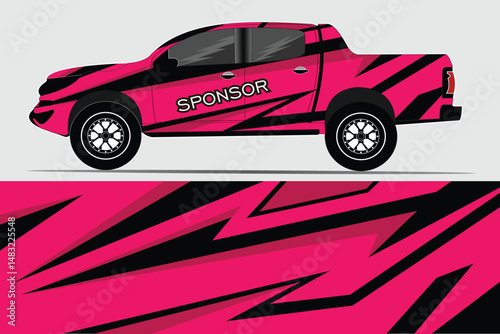 Pink truck with bold graphics and sponsor branding