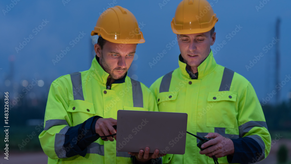 caucasian white engineers in safety uniforms and helmets using laptop and radio for site communication. Concept of teamwork, inspection, and operations at an industrial facility.Construction of Oil, caucasian white engineers in safety uniforms and helmets using laptop and radio for site communication. Concept of teamwork, inspection, and operations at an industrial facility.Construction of Oil,