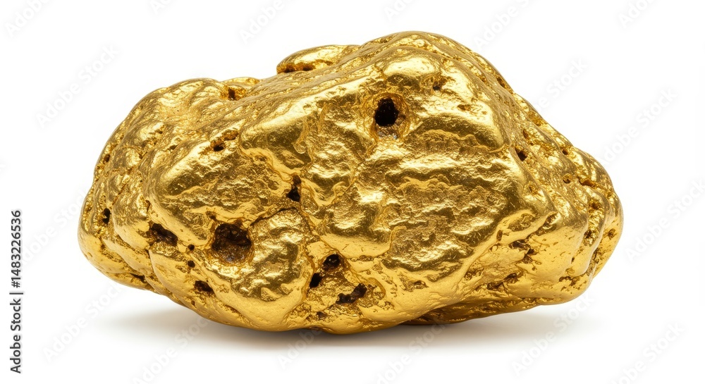 Obraz premium Luminous Gold Nugget - A close-up shot of a lustrous, uneven gold nugget against a white background. Perfect for finance, wealth, or luxury themes