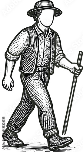 Black-and-white illustration of a vintage cowherd walking with a cane, dressed in classic attire, capturing rural life, traditional farming, and historical agricultural scenes