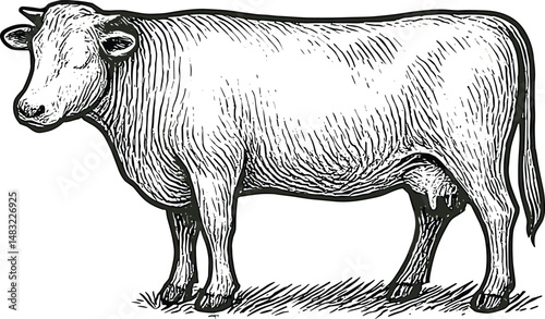 Detailed black-and-white line drawing of a sturdy cow with textured fur and prominent horns, perfect for educational, agricultural, and livestock-related projects