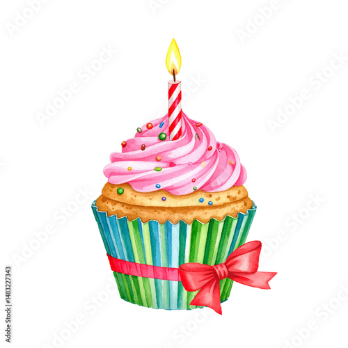 A watercolor birthday cupcake with pink frosting, sprinkles, and a lit candle, perfect for celebration-themed designs and party invitations, watercolor fruit cupcake, PNG Transparent Background
