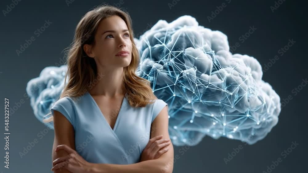 Mindful Muse: A thoughtful woman gazes upwards, a luminous neural network forming a backdrop, symbolizing innovative thoughts and the boundless expanse of human intellect.