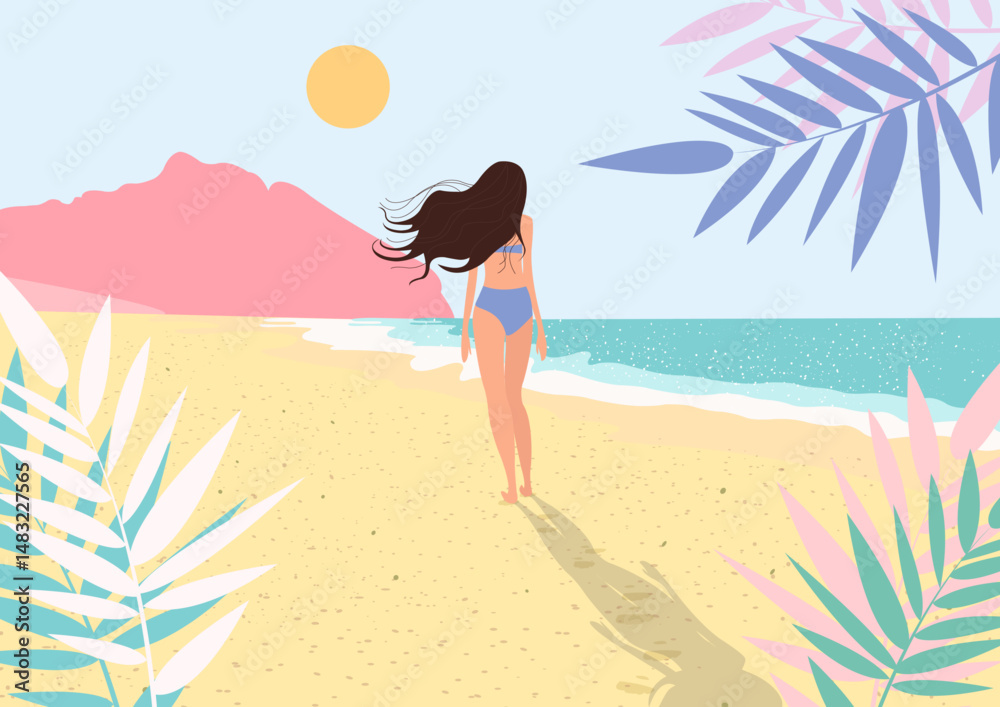 ragazza cammina sulla spiaggia