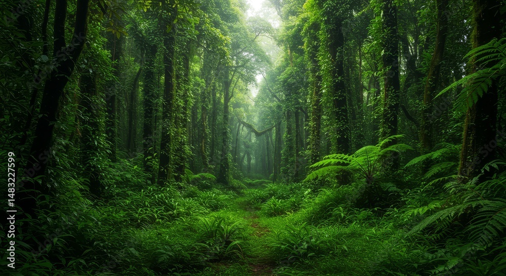 Fototapeta premium Lush Green Jungle Path - Serene jungle path, vibrant foliage, sunlight filtering through canopy, peaceful atmosphere, sense of exploration