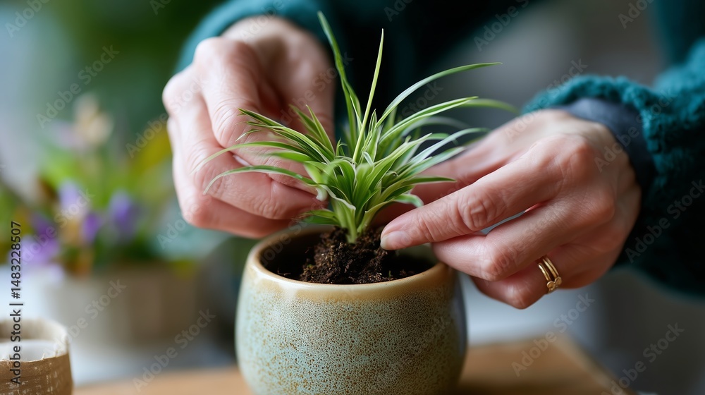 Hands carefully nurturing a small plant in a ceramic pot indoors during daylight hours