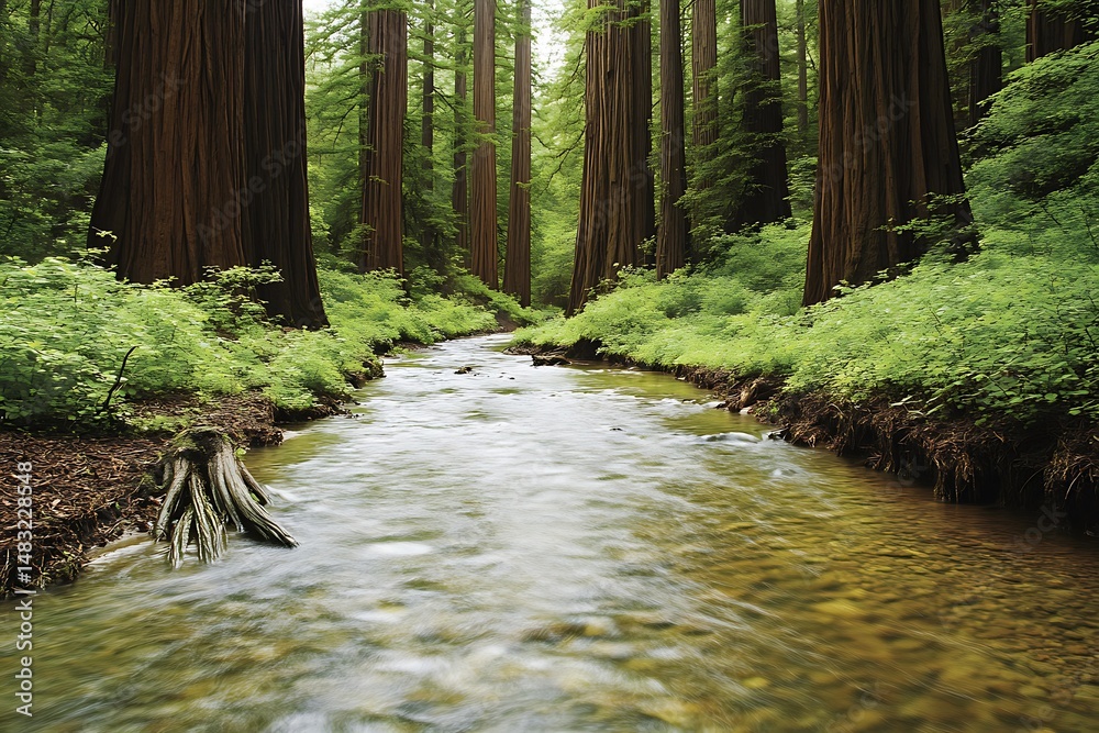 Obraz premium Serene Stream Flowing Through Redwood Forest Lush Green Vegetation Tranquil Nature Scene
