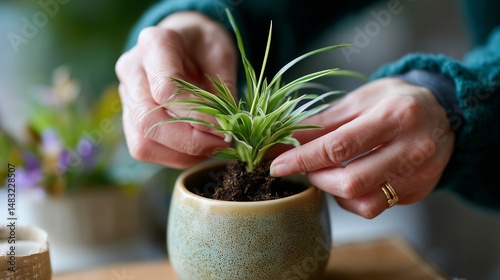 Obraz na płótnie Hands carefully nurturing a small plant in a ceramic pot indoors during daylight hours w salonie
